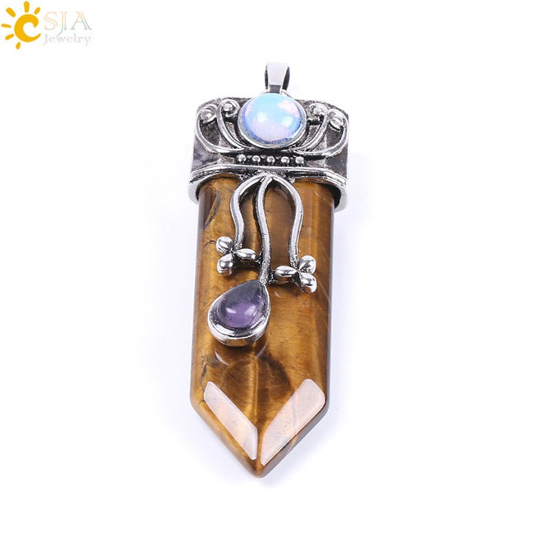 CSJA Vintage Large Natural Stone Sword-Shaped Pendant Jewelry Striped Crystal Agate Tiger Eye Jewelry Pendant Without Chain - Korvel