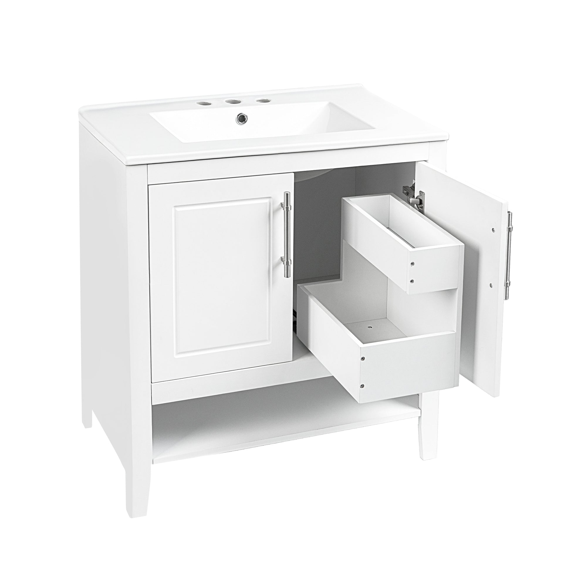 30" Bathroom Vanity with Sink  Multi-functional Bathroom Cabinet with Doors and Drawers Solid Frame and MDF Board, White - Korvel
