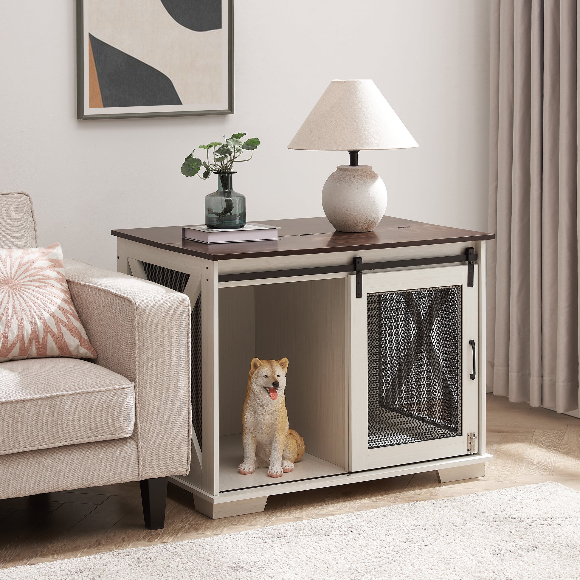 Farm kennel Flat noodles furniture with sliding barn door, farm wooden kennel end table, dog house with removable partition - Korvel