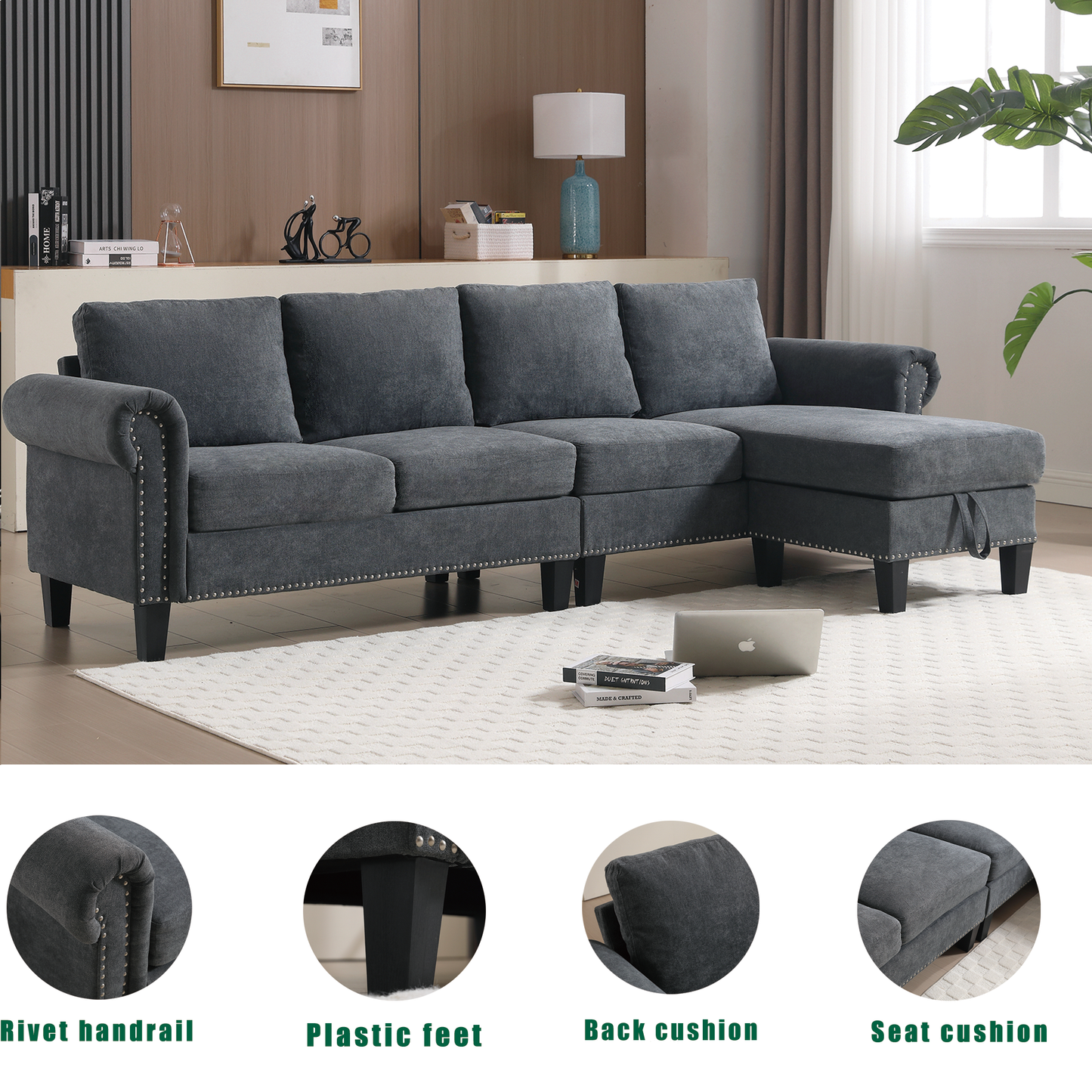 Convertible Sectional Sofa with Storage,L-shaped sofa Modern Linen Fabric Sectional Couches for Living Room,Gray - Korvel