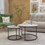 A set of nested 27.6-inch circular coffee tables with a wooden marble patterned tabletop and a sturdy metal frame (white) - Korvel