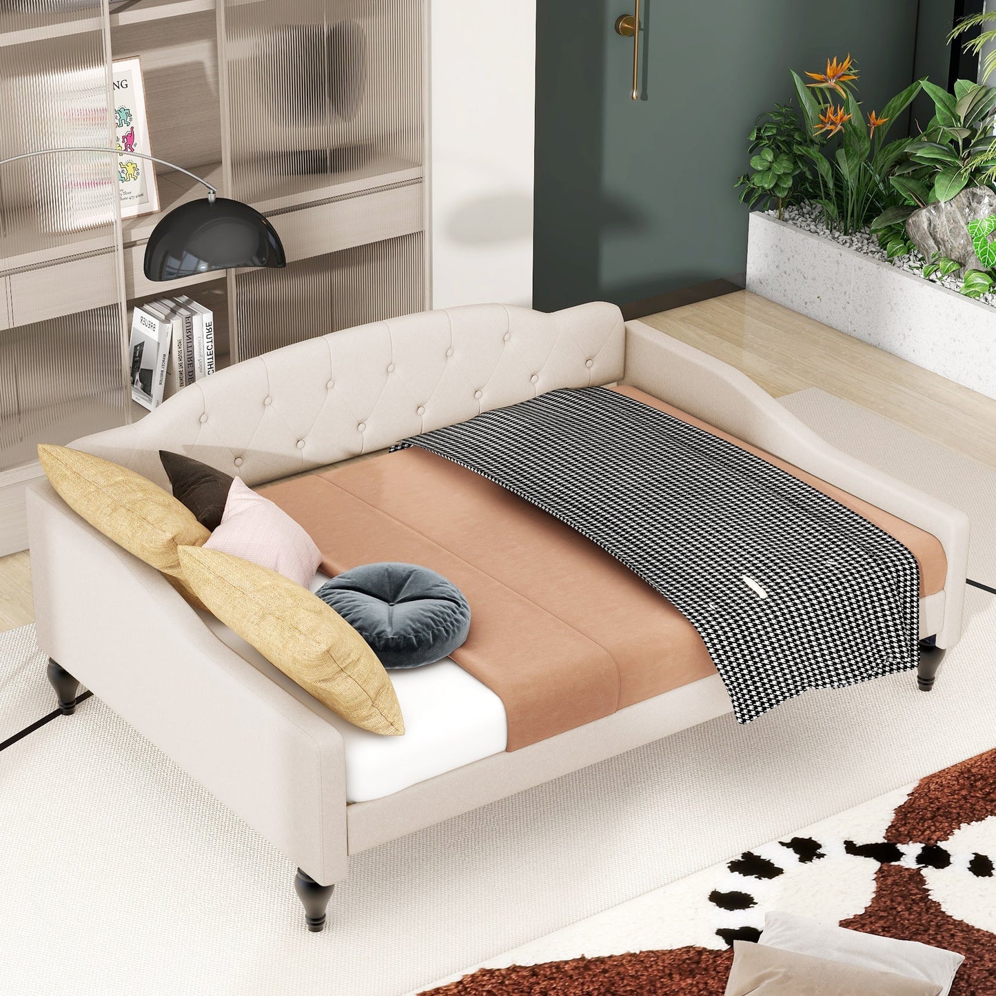Full Size Upholstered Tufted Daybed in Beige