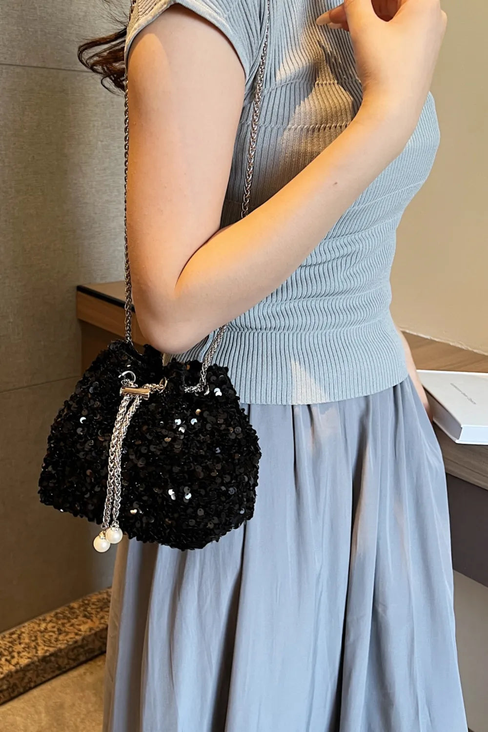 Sequin Chain Drawstring Bucket Bag - Korvel