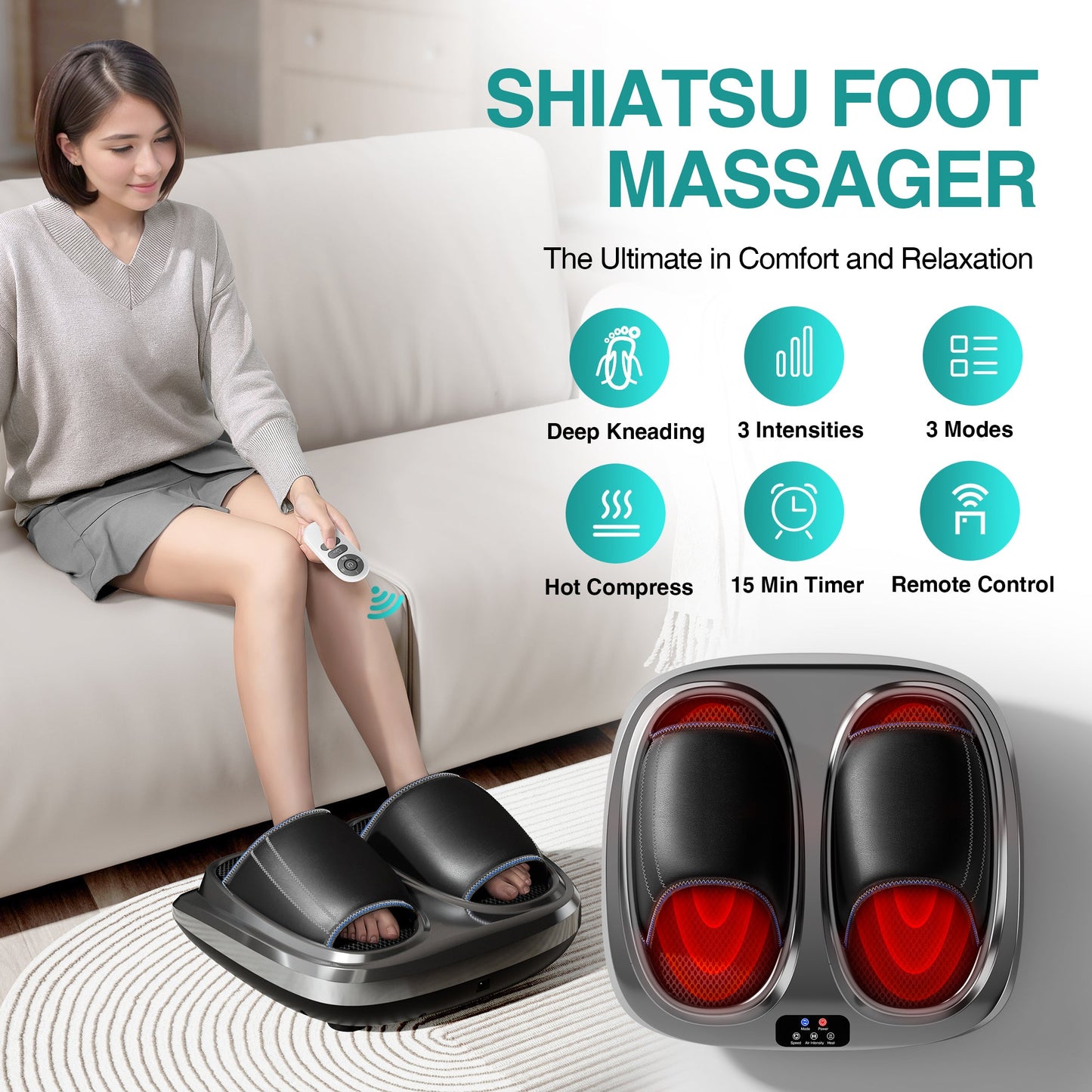 Shiatsu foot massager, heating and deep massage therapy, air compression, vibration pain relief, and circulation - Korvel