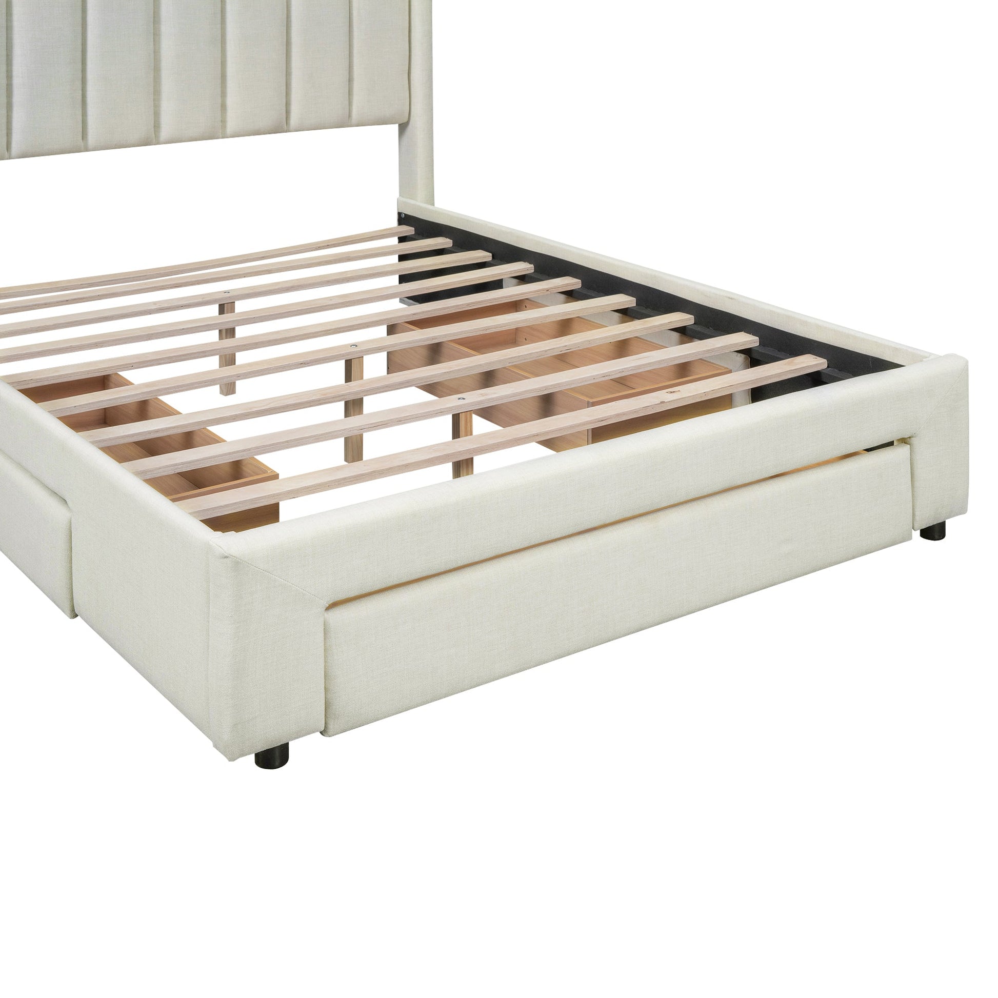Full Size Upholstered Platform Bed with One Large Drawer in the Footboard and Drawer on Each Side Beige - Korvel