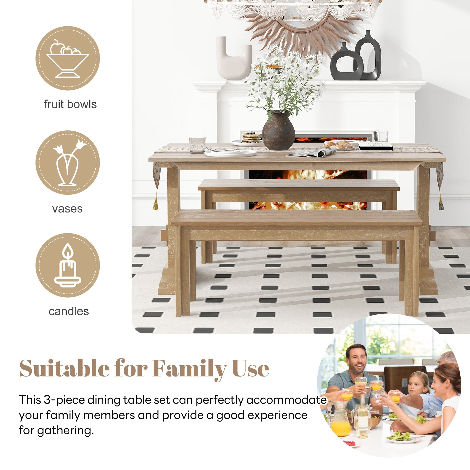 TREXM 3-piece retro dining table, rectangular stand table, and 2 4-person wooden stools (made of natural wood) - Korvel