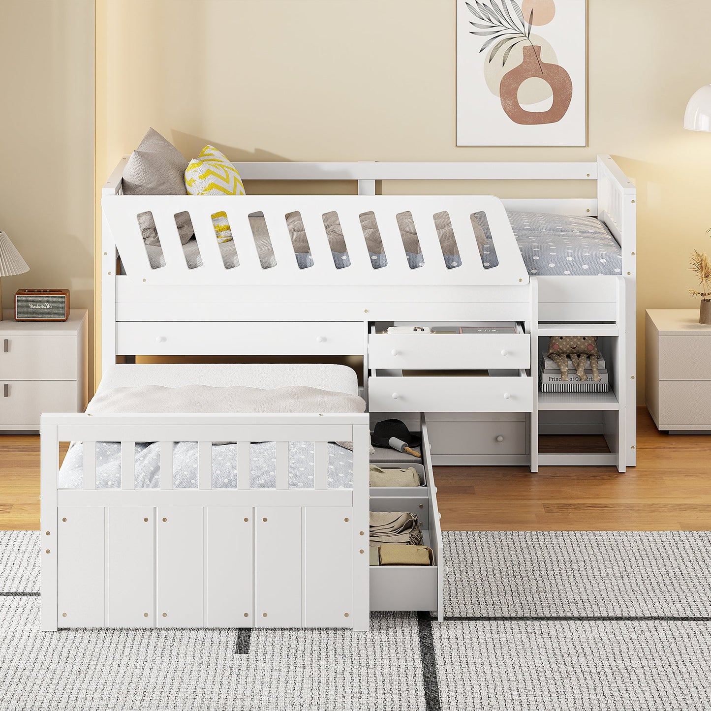 Cama loft twin en forma de L que ahorra espacio con 7 cajones - Blanca