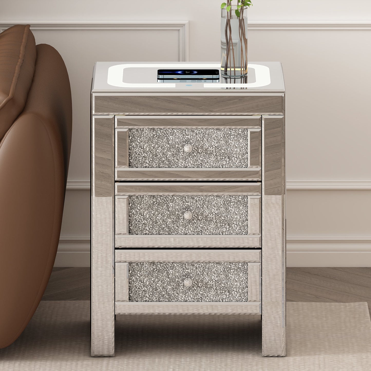 U-Can 15.7" Silver Rectangular Mirror Coffee Table with Charging Function