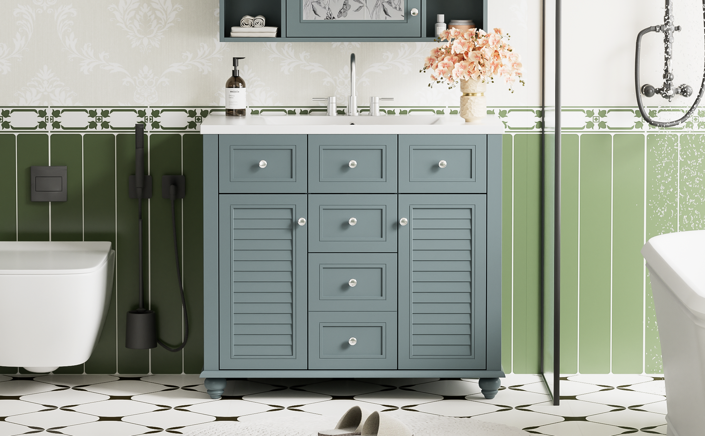 36 "bathroom makeup cabinet with resin sink combination and 2 drawers, with soft closing door, blue color - Korvel