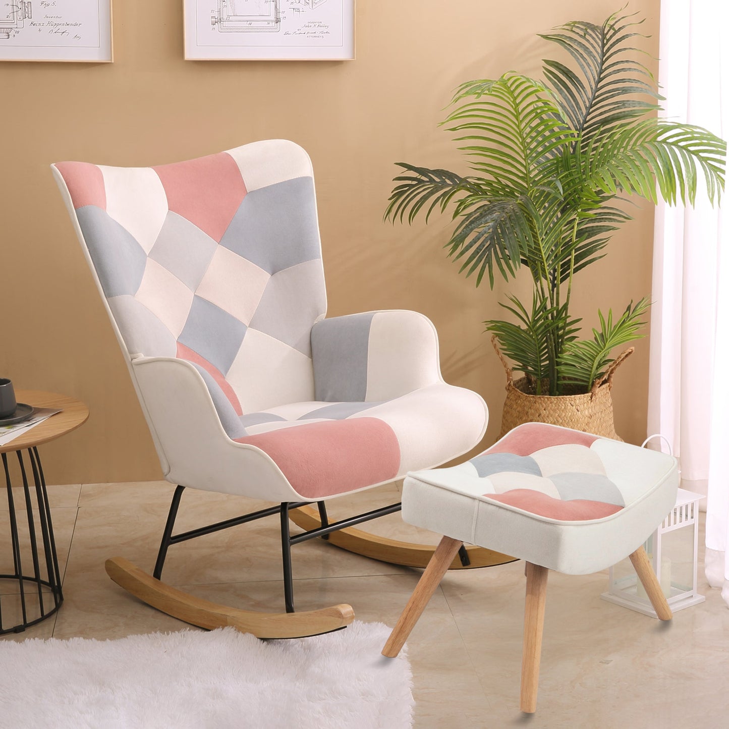 Rocking Chair with ottoman, Mid Century Fabric Rocker Chair with Wood Legs and Patchwork Linen for Livingroom Bedroom - Korvel