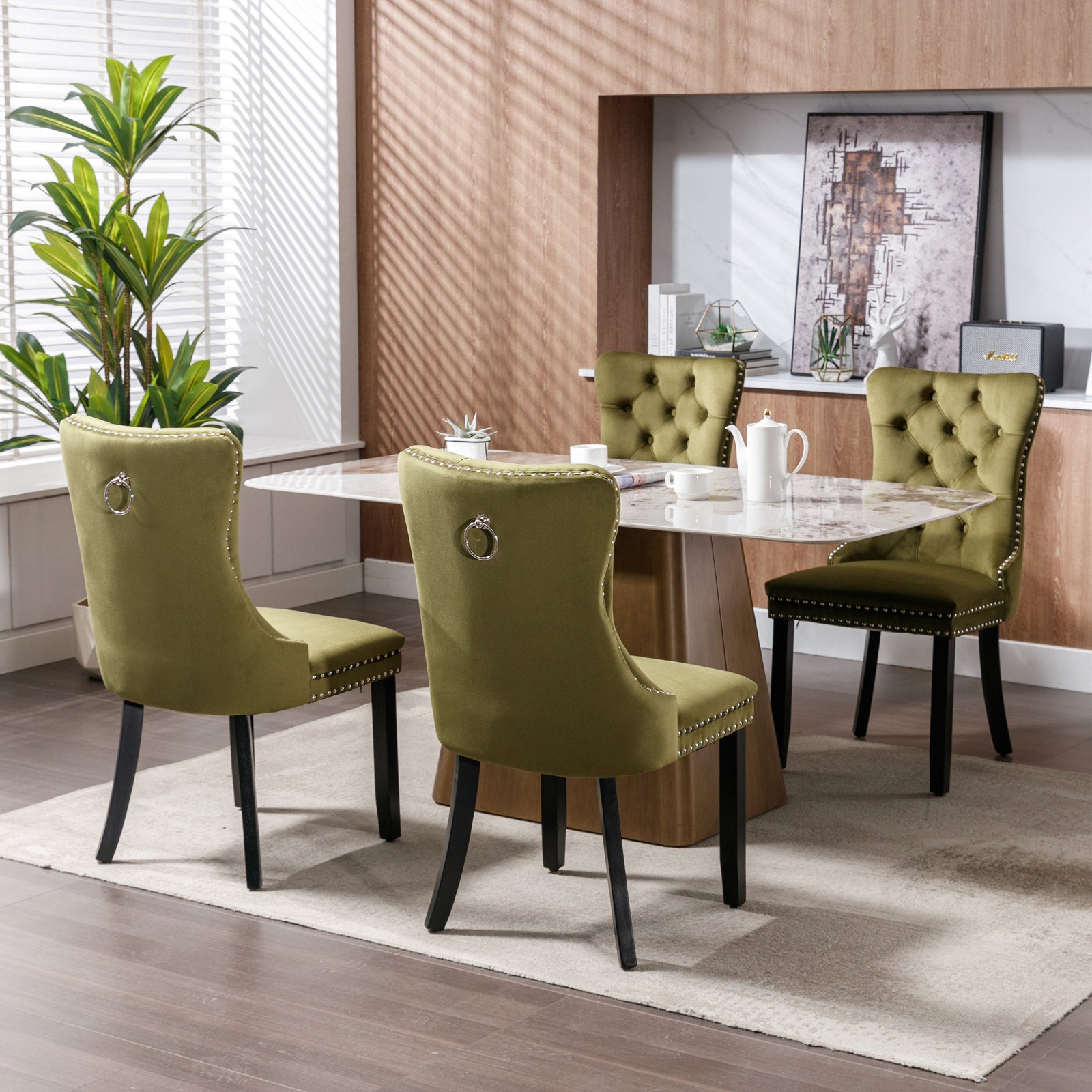 High-end Tufted Solid Wood Contemporary Velvet Upholstered Dining Chair with Wood Legs Nailhead Trim 2-Pcs Set Olive-Green - Korvel