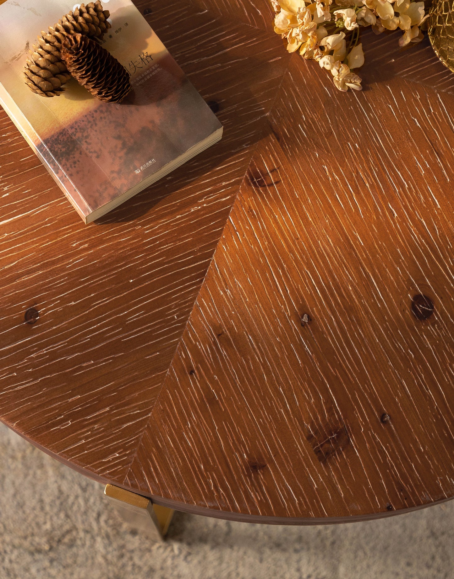 33.86"Modern Retro Splicing Round Coffee Table Fir Wood Table Top with Gold Cross Legs Base(Same SKU:W757126236) - Korvel