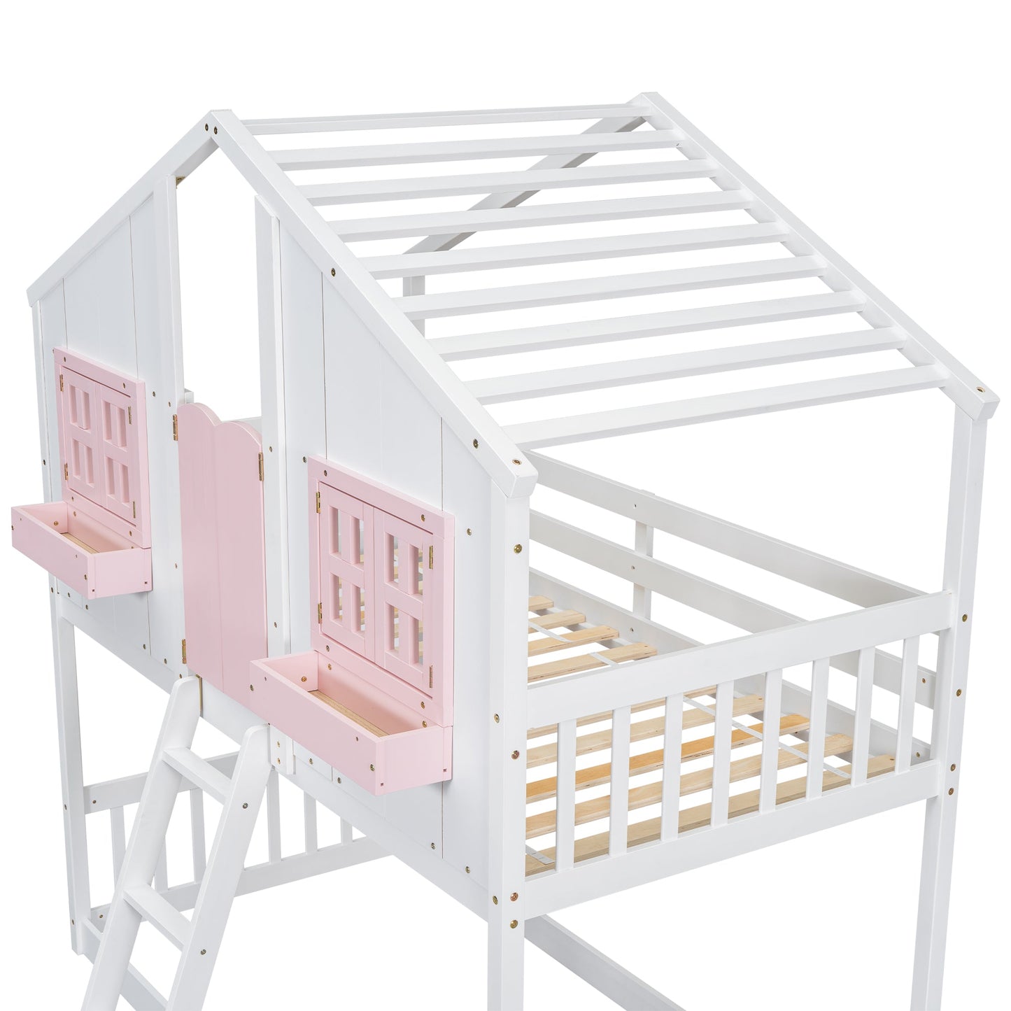 Twin over Twin House Bunk Bed with Roof , Window, Window Box, Door , with Safety Guardrails and Ladder, Pink/White - Korvel