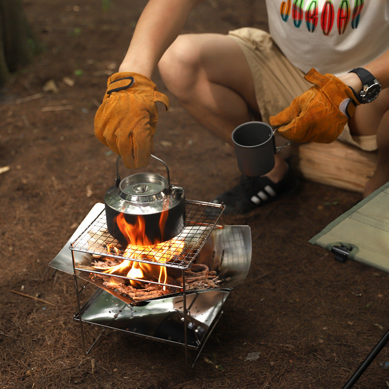 Outdoor BBQ flame-retardant gloves thickened cowhide cover wear-resistant camping protective cover - Korvel