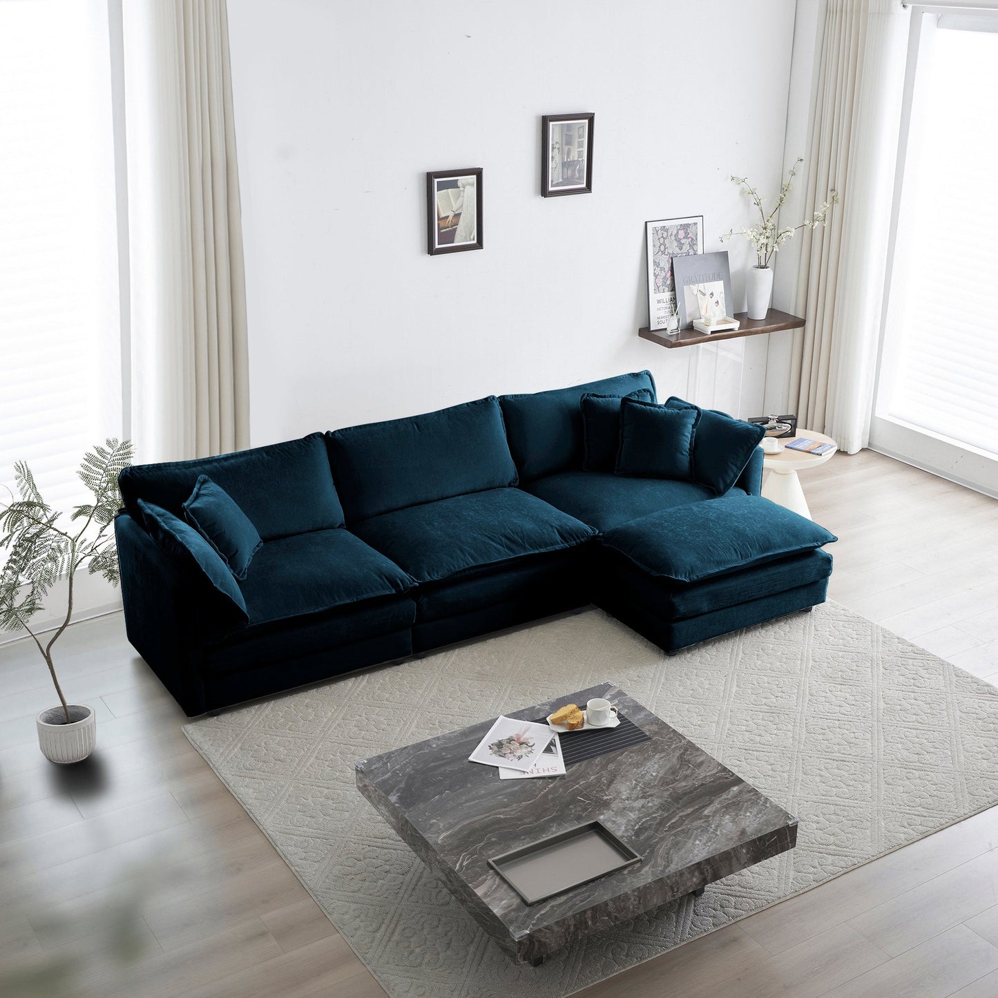 Free Combination Comfy Upholstery Modular Oversized L Shaped Sectional Sofa With Reversible Ottoman, Blue Chenille - Korvel