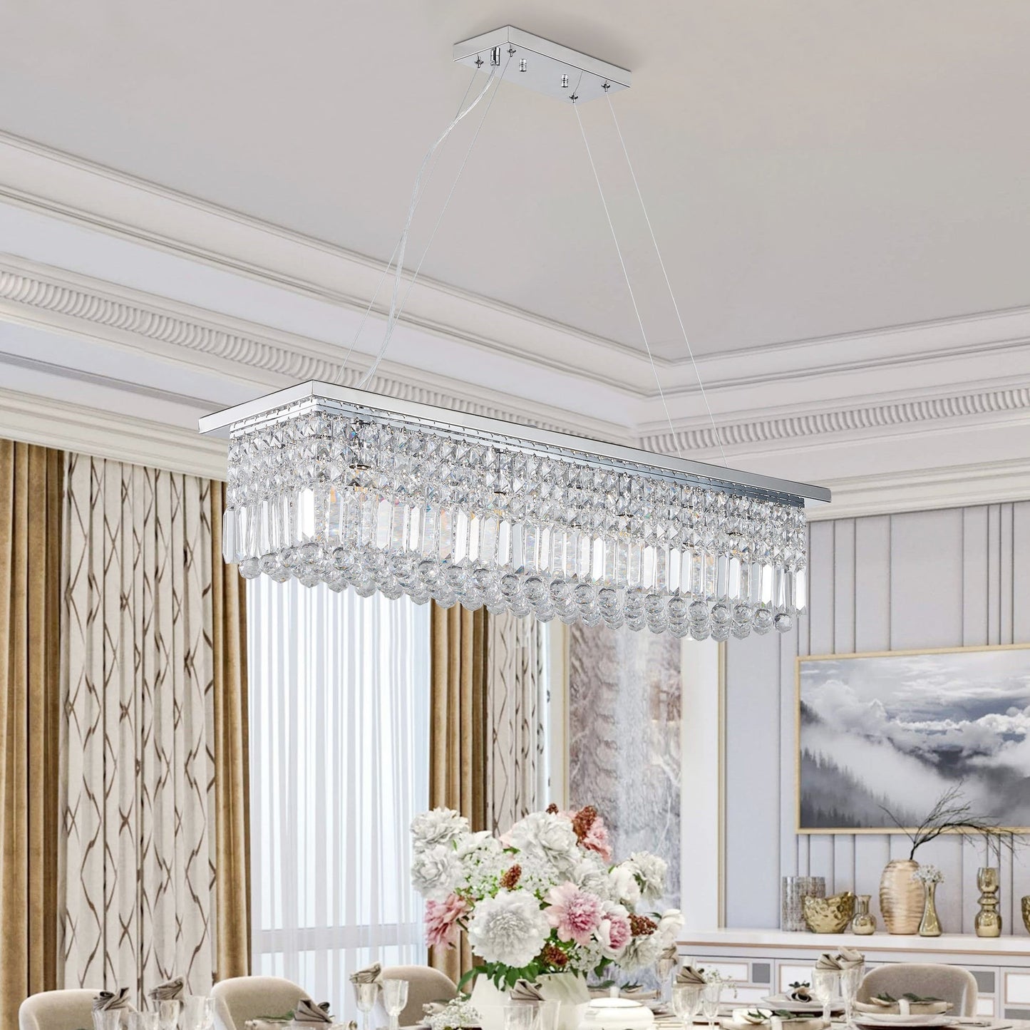 Modern Crystal Chandelier for Dining Room 8-Light White Rectangle Raindrop L39.4'' x W9.8'' x H8.7'(Bulb Not Included) - Korvel