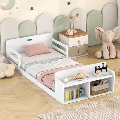 Twin Size Floor Bed with Storage Footboard and Guardrail, White - Korvel