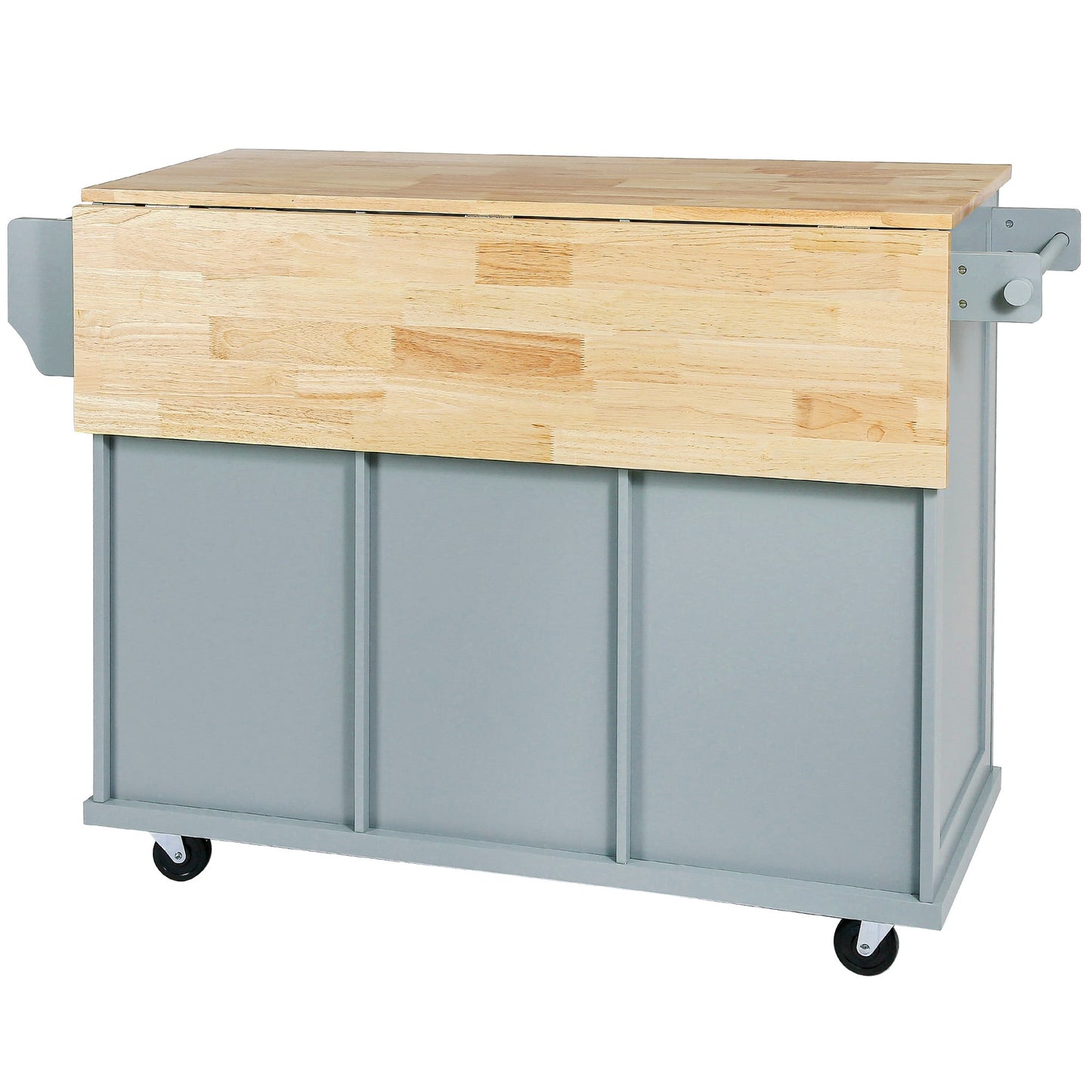 Kitchen handcart with rubber wood leaf countertop, storage cabinet, shelf, and 3 dining room drawers, gray blue - Korvel