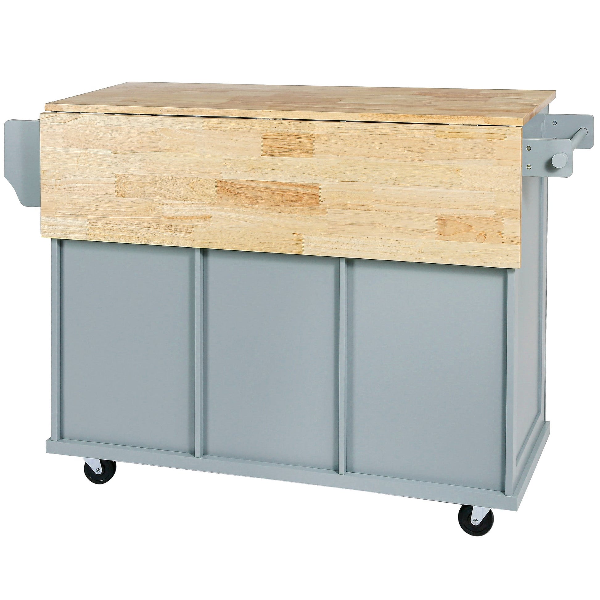 Kitchen handcart with rubber wood leaf countertop, storage cabinet, shelf, and 3 dining room drawers, gray blue - Korvel