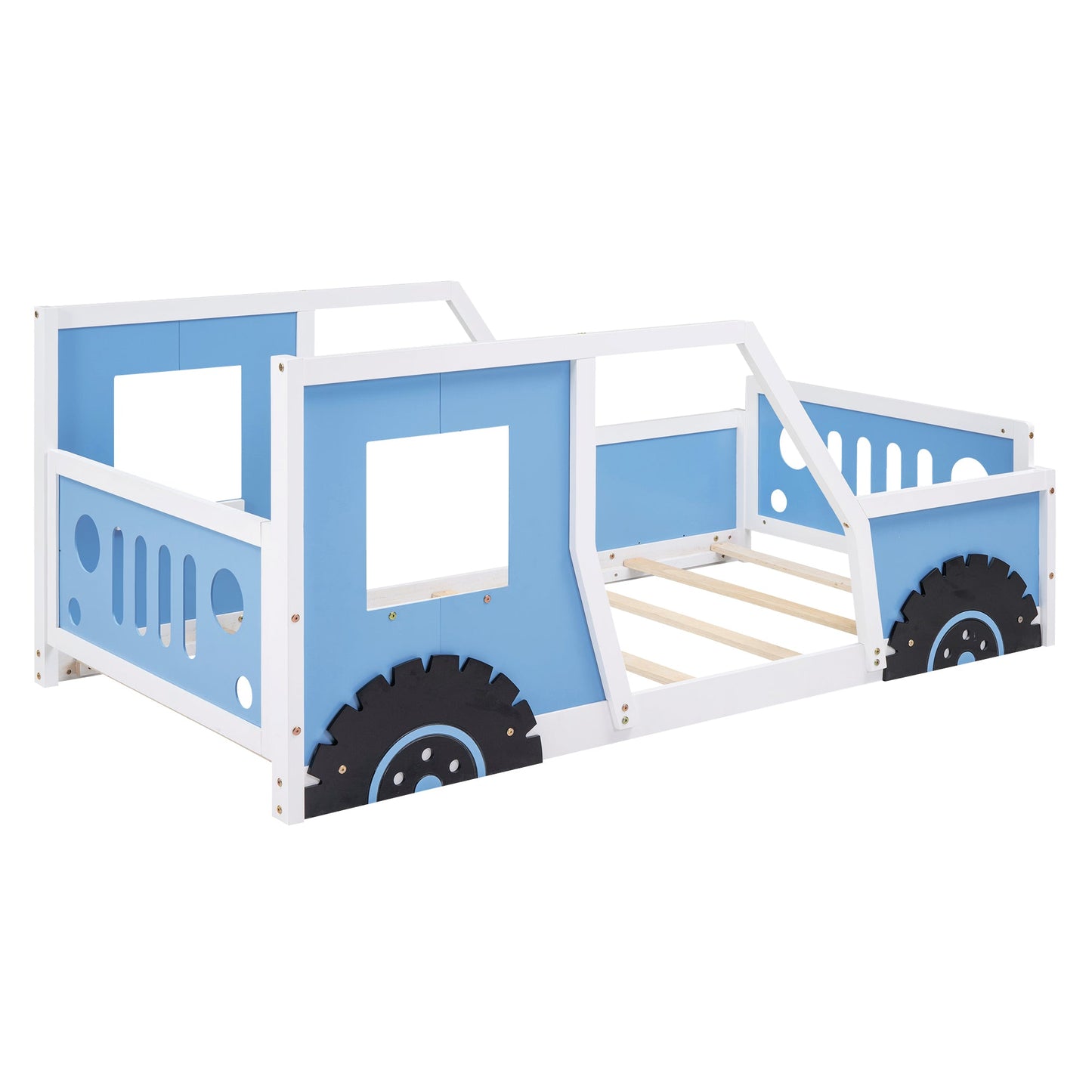 Twin Size Classic Car-Shaped Platform Bed with Wheels - Blue