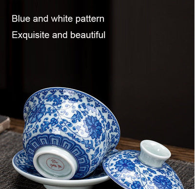 Ceramic set, three talents, covered bowl, old clay, retro kung fu tea set, tea bowl, underglaze tiger cup, Jingdezhen - Korvel