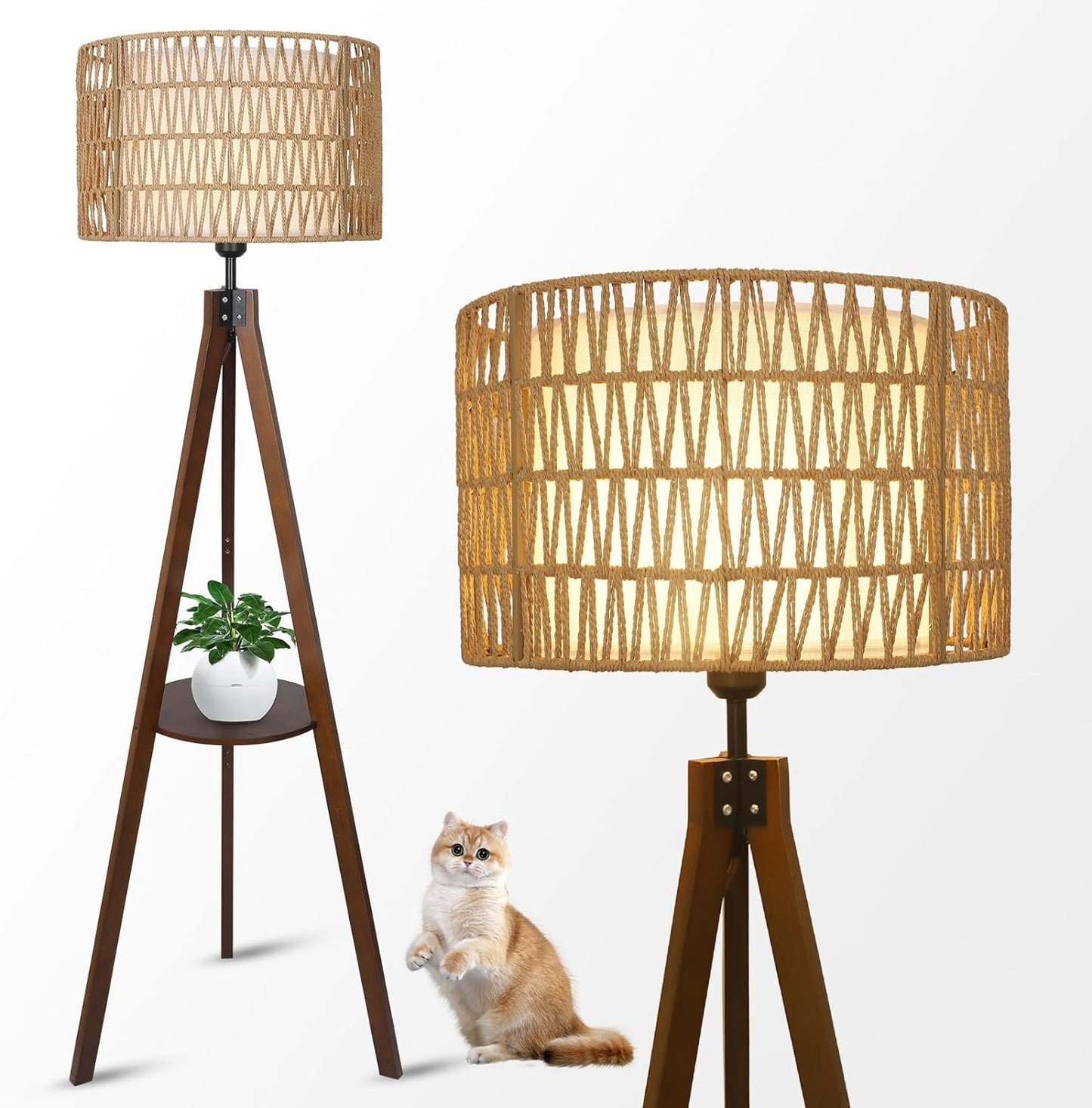 Boho Tripod Floor Lamp with Shelves - Mid Century Design