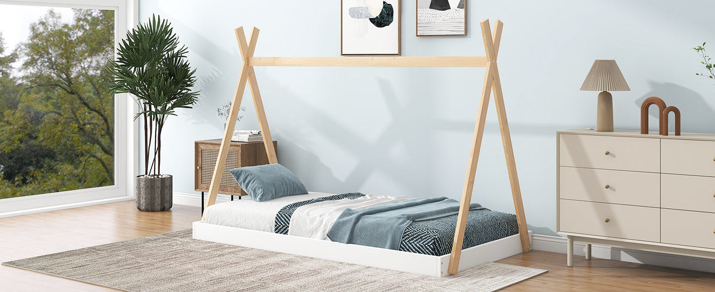 Twin Size Tent Floor Bed with Triangle Structure  White+Natural - Korvel