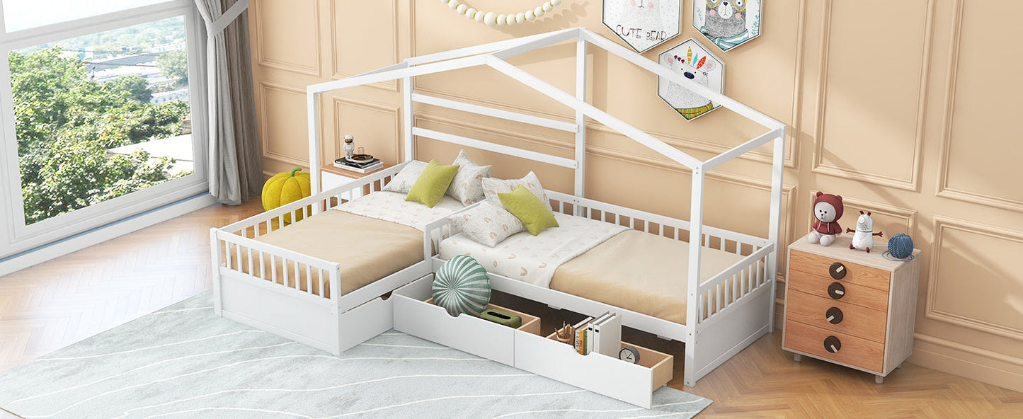 Twin Size House Platform Bed with Three Storage Drawers White - Korvel