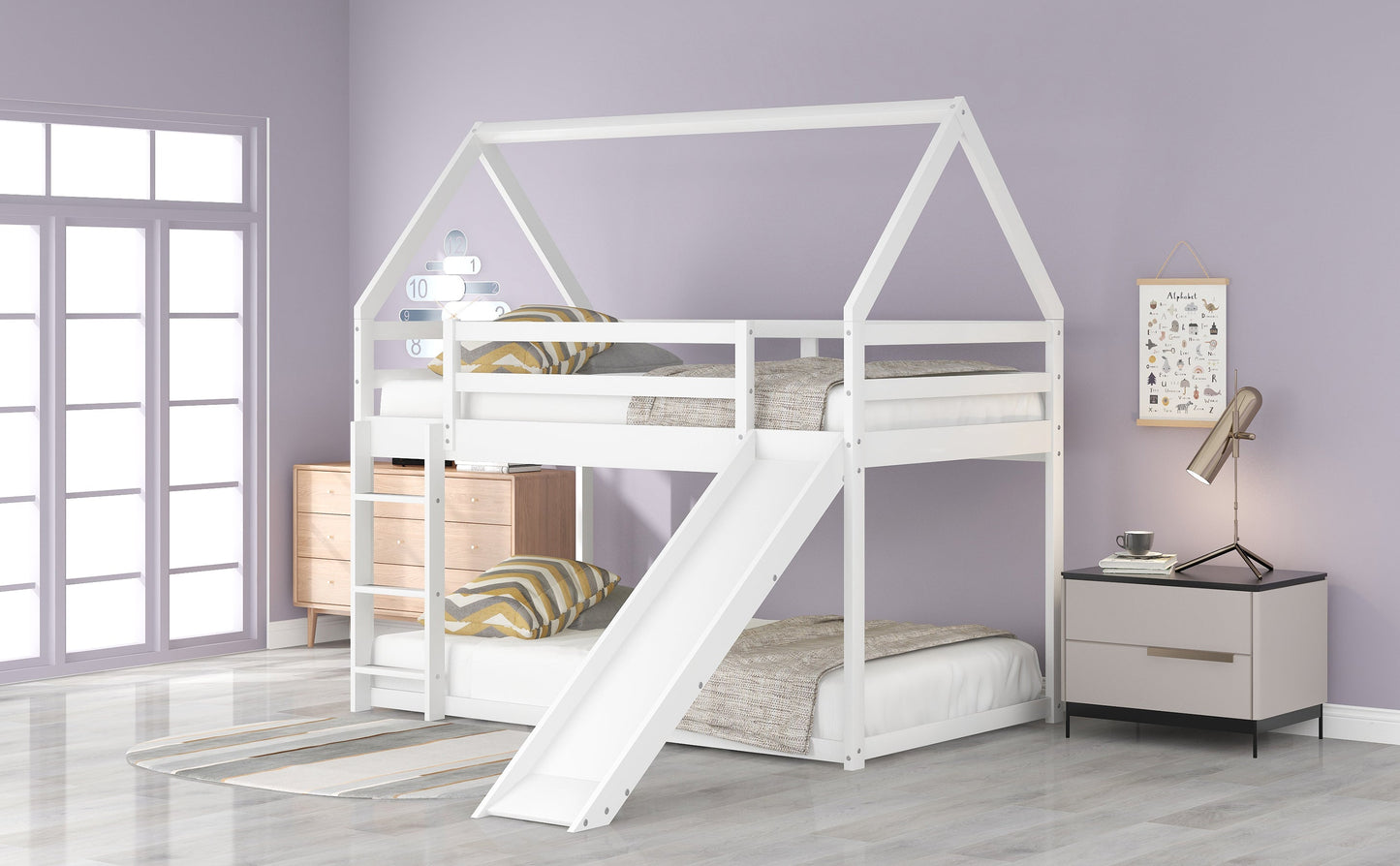 Twin Size Bunk House Bed with Slide and Ladder White - Korvel