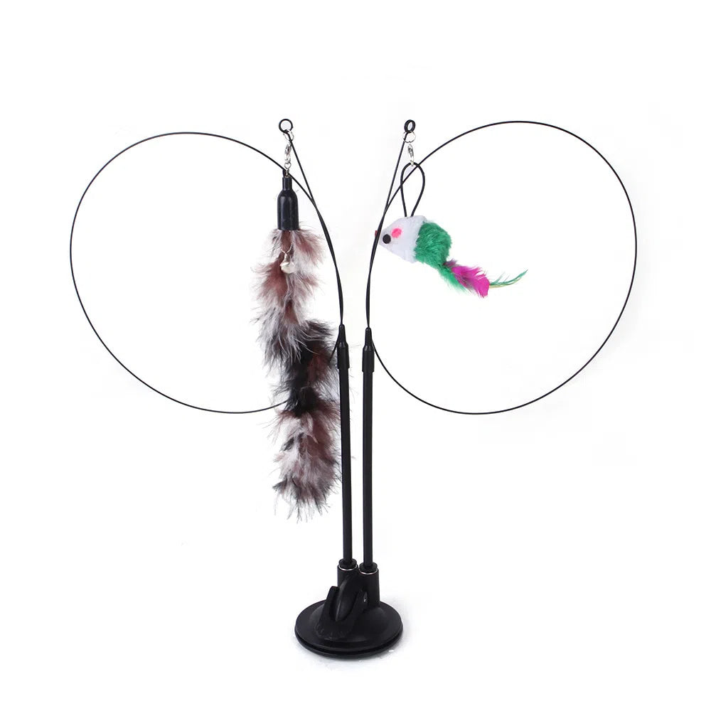 Suction cup cat toy stick that can be attached and held with steel wire multi head interchangeable cat toy and pet supplies - Korvel
