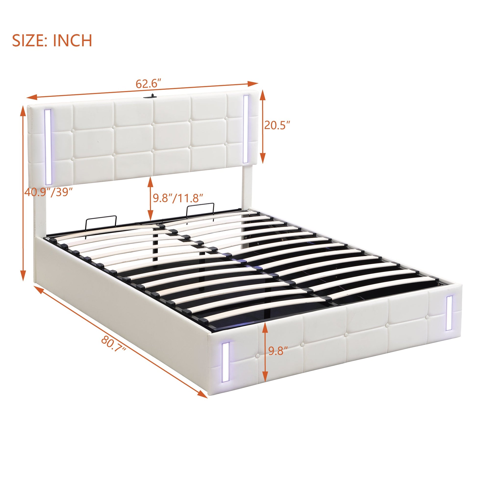 Queen Size Upholstered Bed with LED Lights Hydraulic Storage System and USB Charging Station White - Korvel