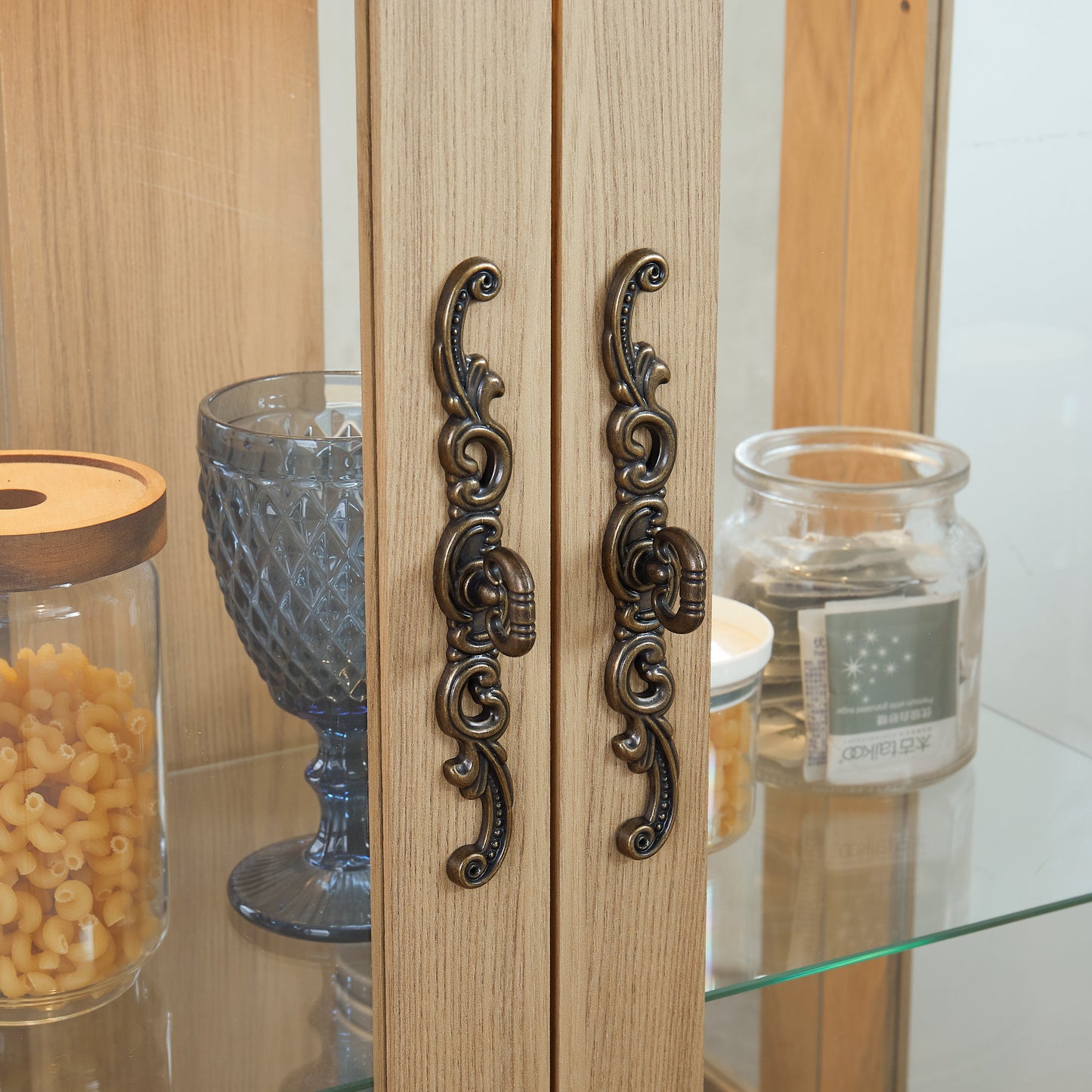 Light colored glass cabinet with adjustable glass frame, including cabinet light bulbs OAK with 2 doors and 1 drawer - Korvel