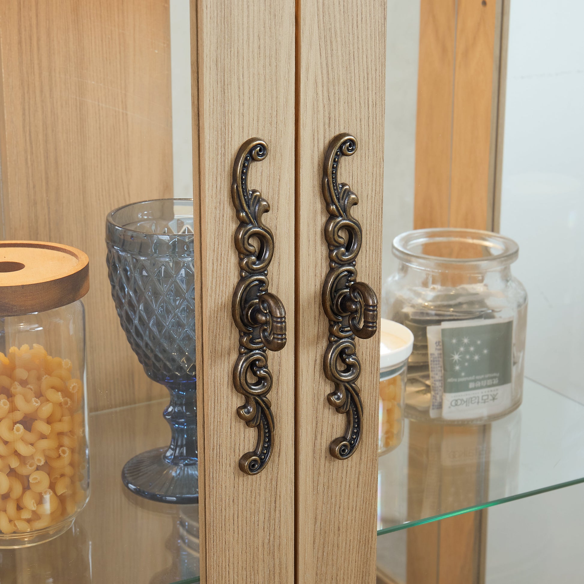 Light colored glass cabinet with adjustable glass frame, including cabinet light bulbs OAK with 2 doors and 1 drawer - Korvel