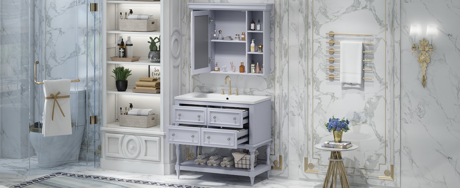 36'' Bathroom Vanity with Medicine Cabinet, Modern Mirror Cabinet with Adjustable Shelf, Bathroom Storage Cabinet with 4 Drawers - Korvel