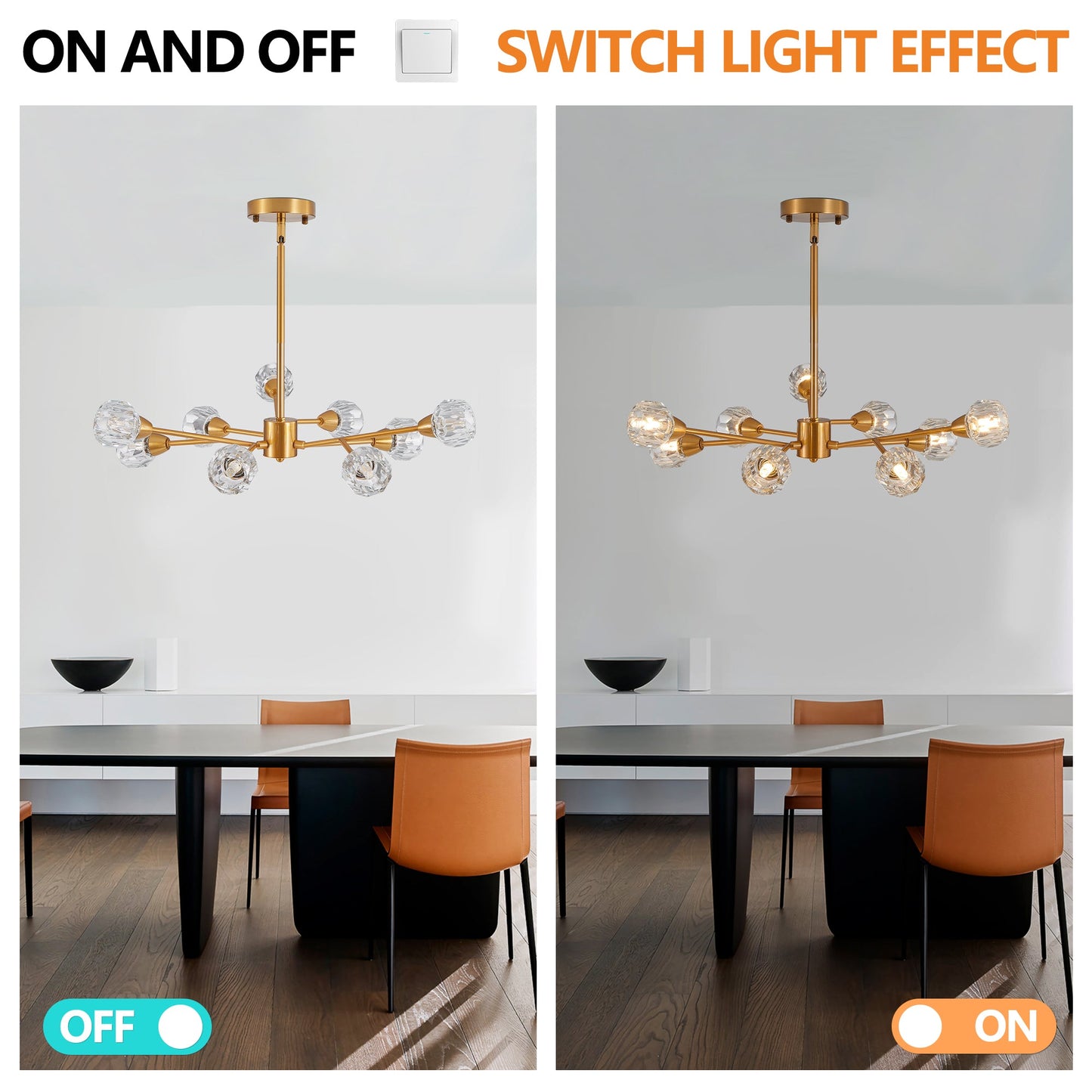 Modern Crystal Chandeliers, 9 Lights Golden Chandelier for Living Room Bedroom (Bulbs Not Included) - Korvel