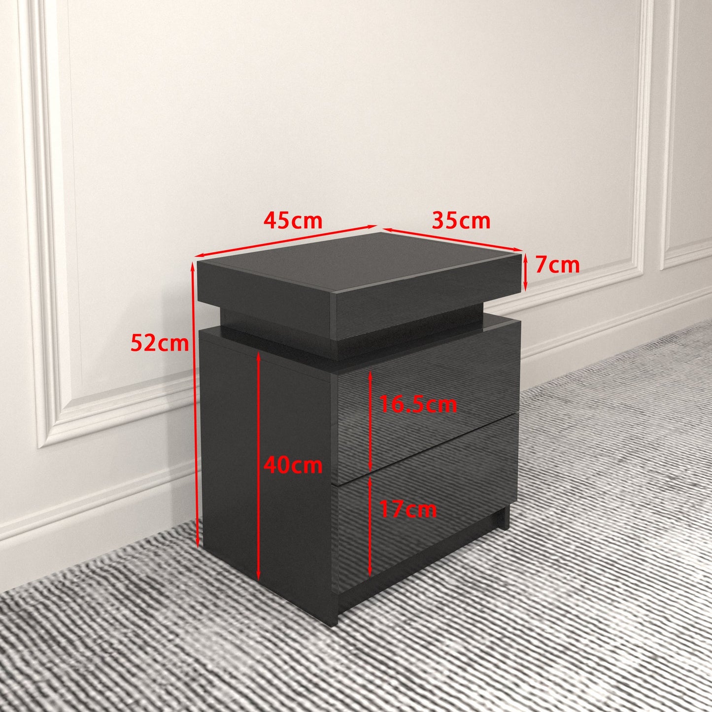 Modern Black LED Nightstand with Led Lights Bedside table with 2 High Gloss Drawers for Bedroom - Korvel