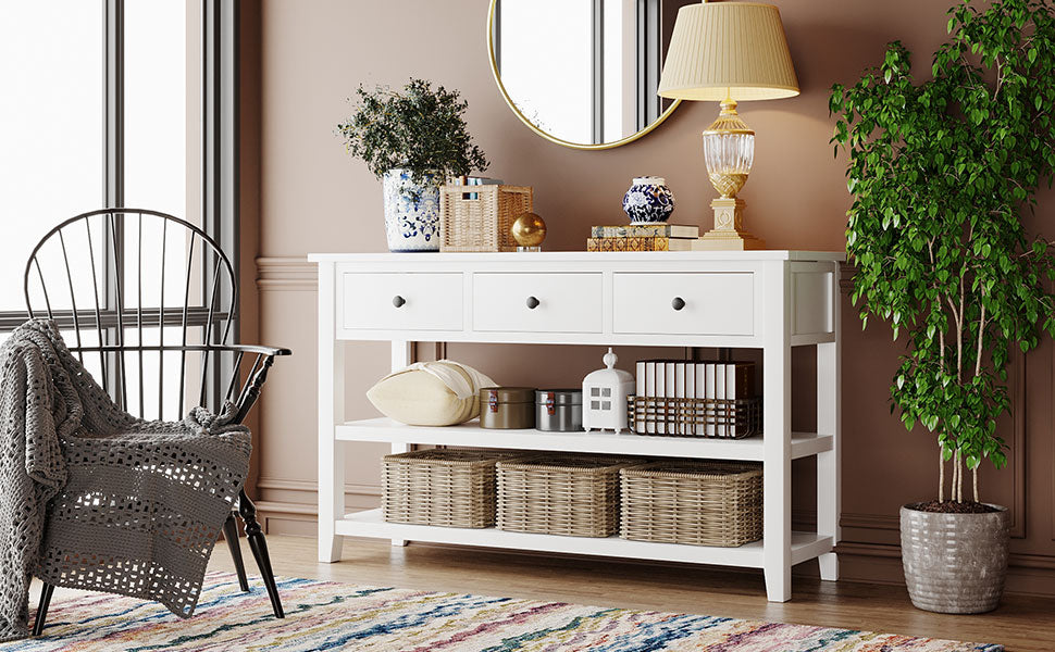Retro Design Console Table with Two Open Shelves, Pine Solid Wood Frame and Legs for Living Room (Antique White) - Korvel