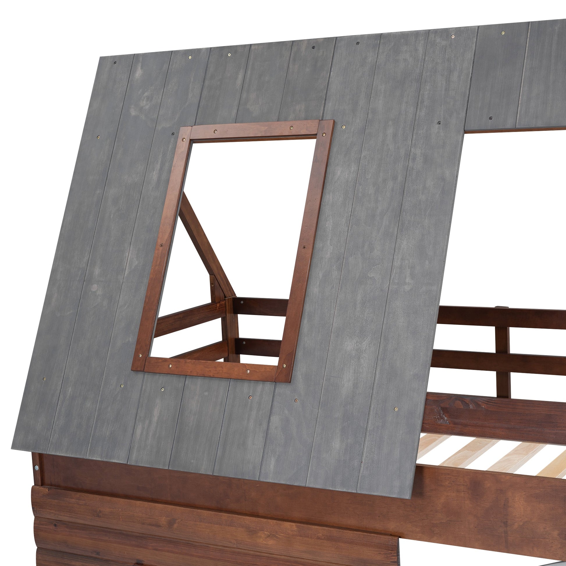 Wood Twin Size House Bunk Bed with Roof, Ladder and 2 Windows, Oak & Smoky Grey - Korvel