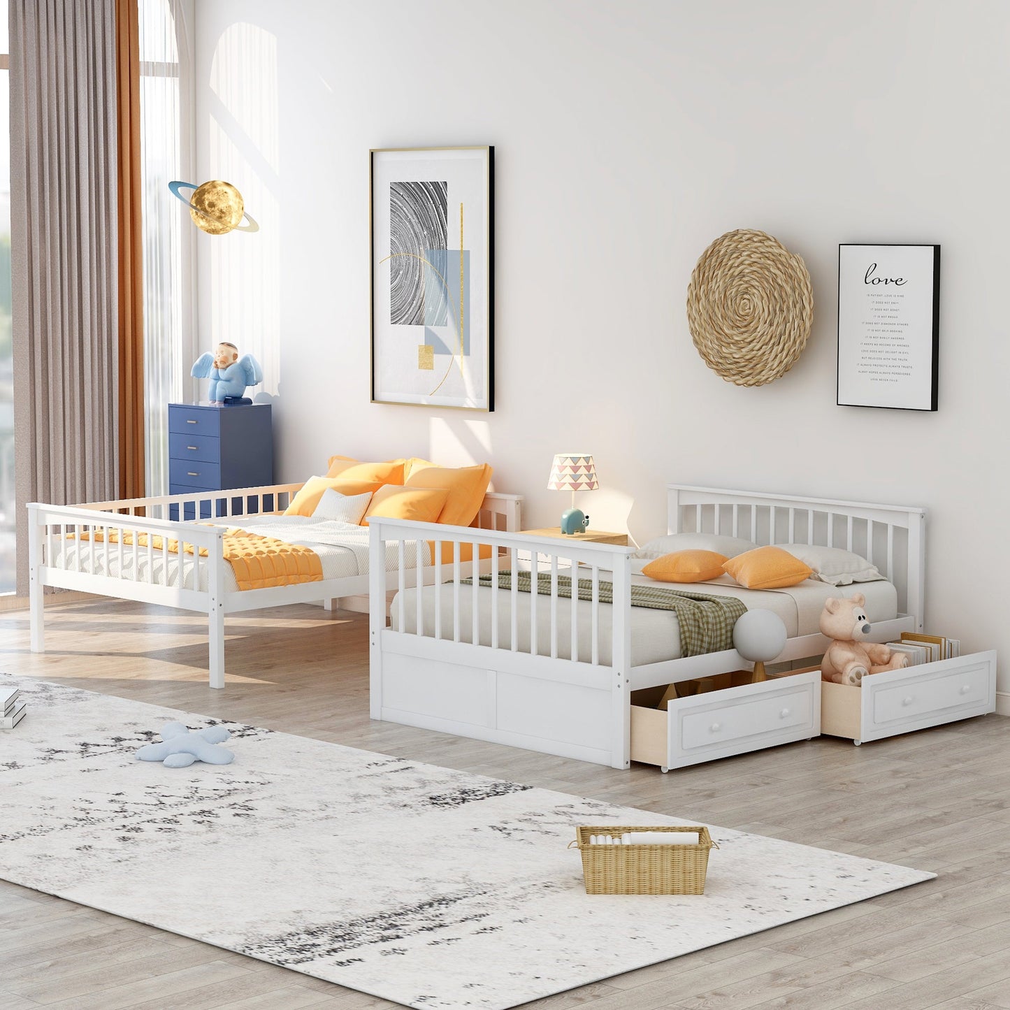 Full over Full Bunk Bed with Drawers  Convertible Beds  White - Korvel