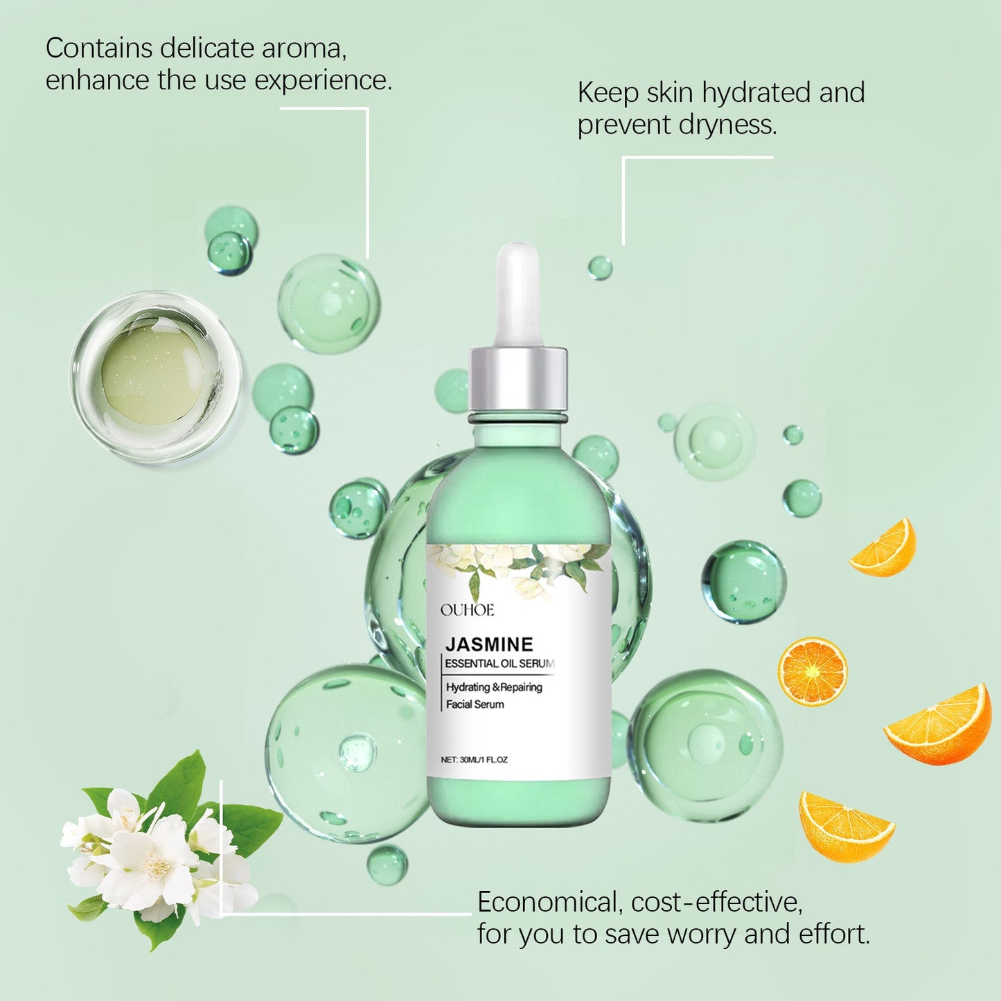 Ouhoe Jasmine Brightening Essential Oil, Lighten Fine Lines And Anti-Wrinkle Essential Oil Refreshing Non-Sticky Firming Brightening Essence - Korvel