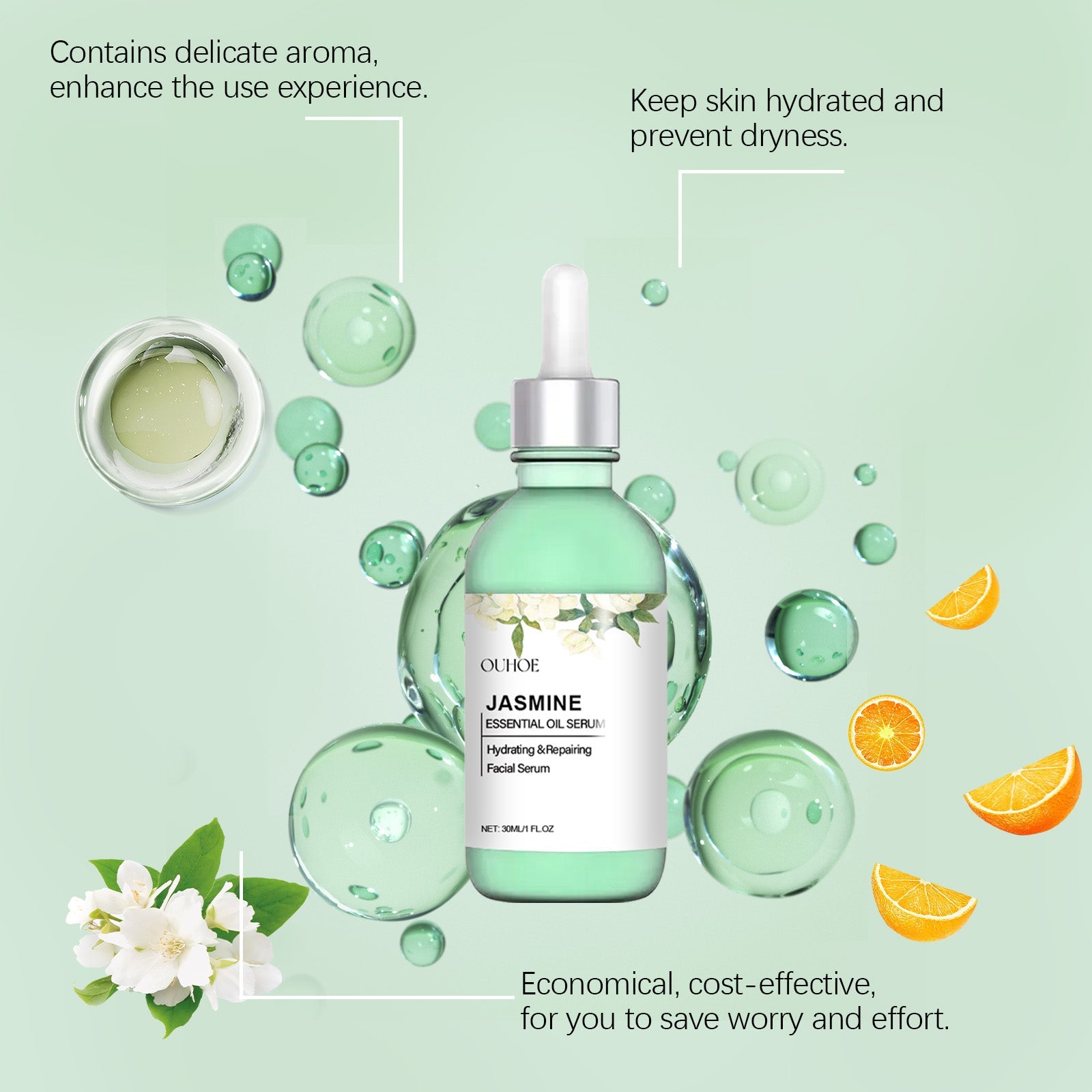 Ouhoe Jasmine Brightening Essential Oil, Lighten Fine Lines And Anti-Wrinkle Essential Oil Refreshing Non-Sticky Firming Brightening Essence - Korvel
