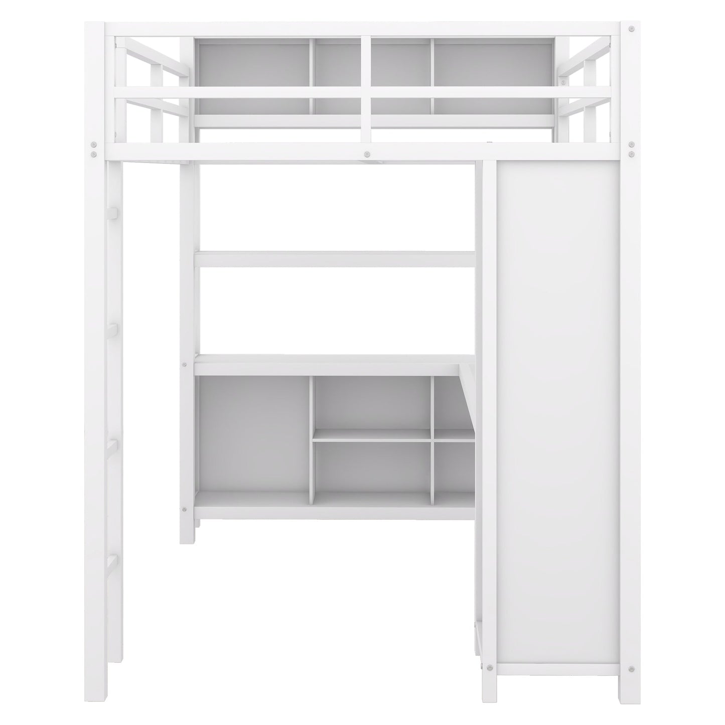 Metal loft bed with wardrobe and L-shaped desk, full-size loft bed with storage cabinet and shelf, white - Korvel
