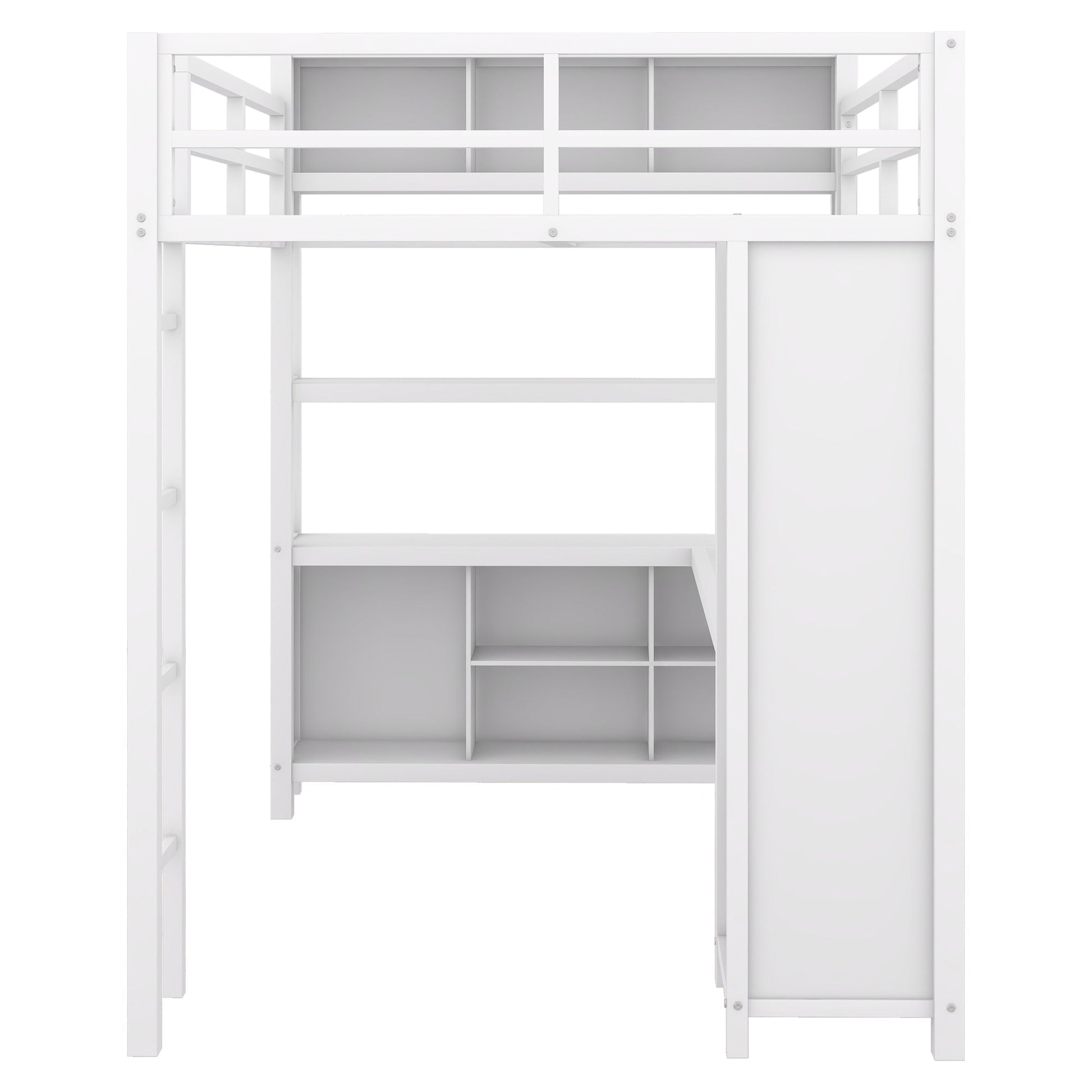 Metal loft bed with wardrobe and L-shaped desk, full-size loft bed with storage cabinet and shelf, white - Korvel