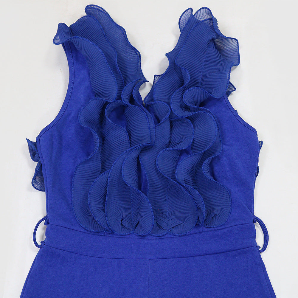 Sexy V-neck Backless Ruffle Tie-up Jumpsuit Casual Long Comfortable Fitted Women's Clothing - Korvel