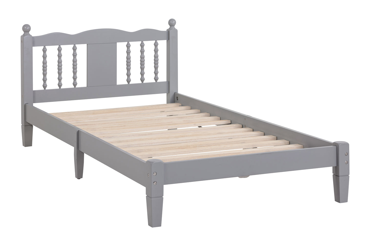 Twin Bed with Column-Decoration Headboard, with Bed Slats,Grey - Korvel