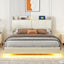 Large floating bed frame with storage headboard, touch sensor, night light and USB charger, padded platform bed, beige color - Korvel