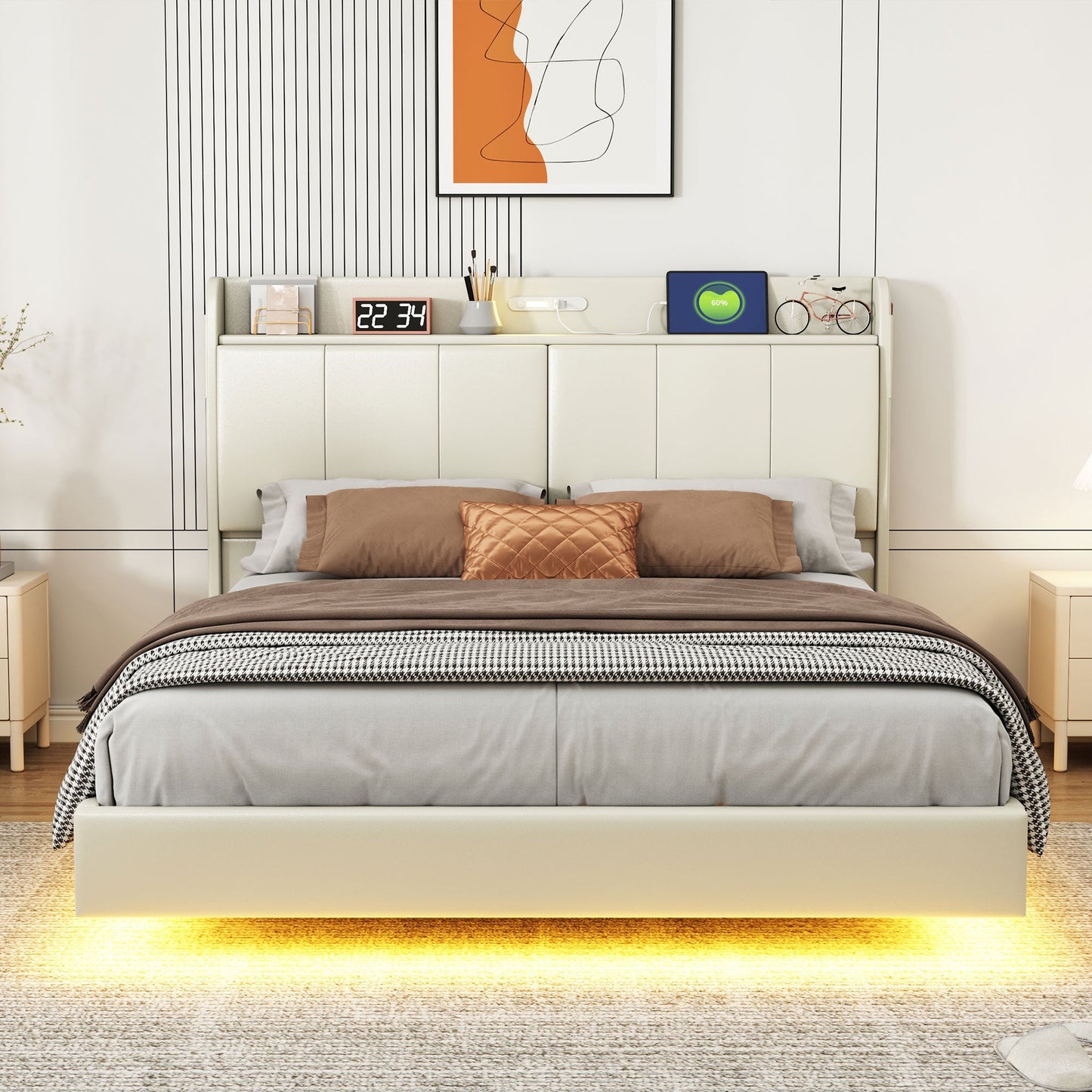 Large floating bed frame with storage headboard, touch sensor, night light and USB charger, padded platform bed, beige color - Korvel