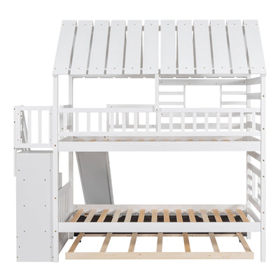 Twin over Twin House Bunk Bed with Trundle and Slide Storage Staircase Roof and Window Design  White - Korvel