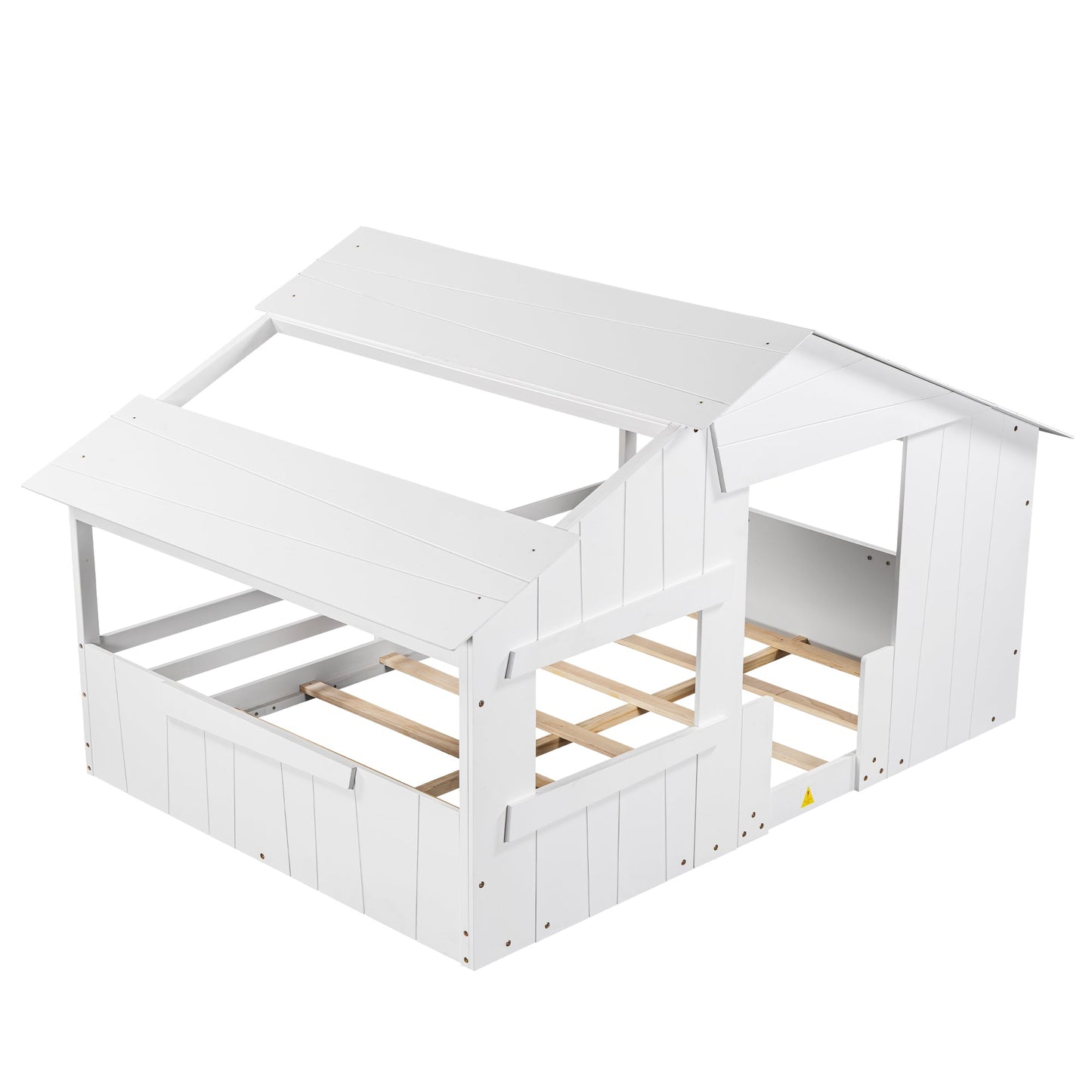 Wood Full Size House Bed with Roof, Window and Guardrail White - Korvel