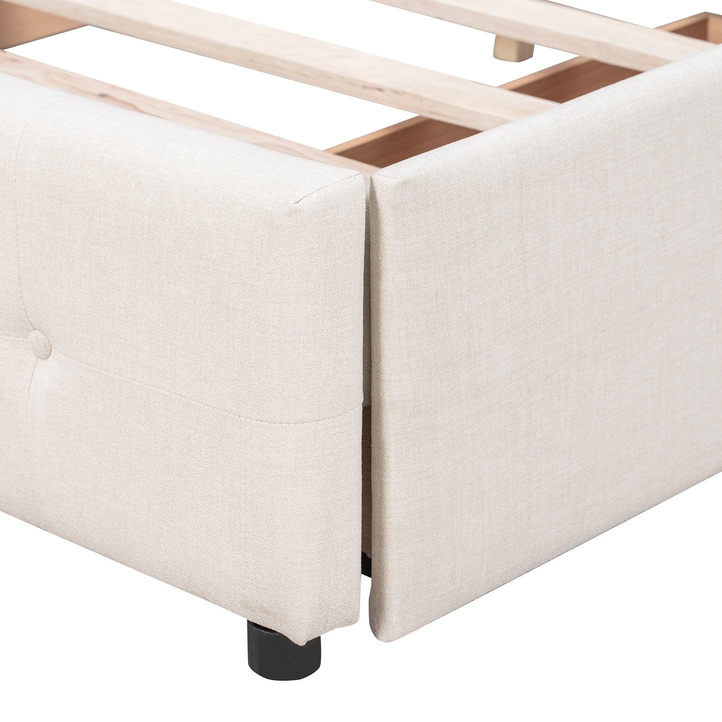 Upholstered Platform Bed with Classic Headboard and 4 Drawers No Box Spring Needed Linen Fabric Queen Size Beige - Korvel